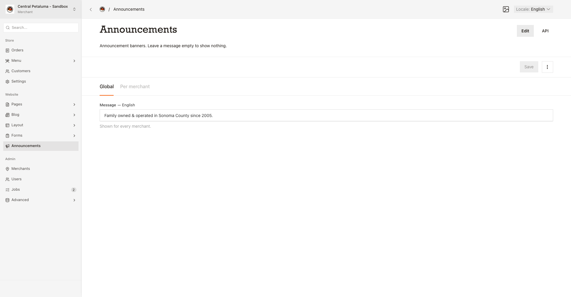 The Announcements editor in the sidebar with Global, Per merchant, the message box with language options, and Save.