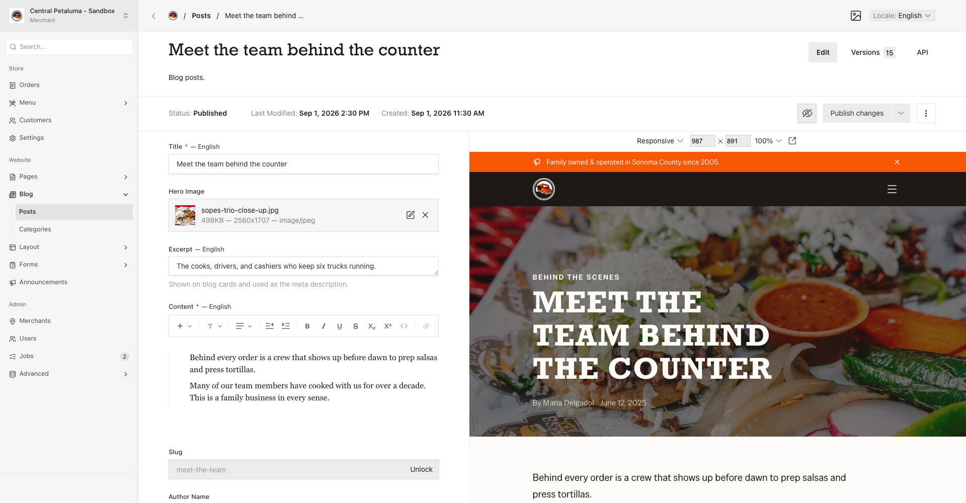 The Blog post editor in the sidebar with Live Preview, status, title, hero image, excerpt, and content.
