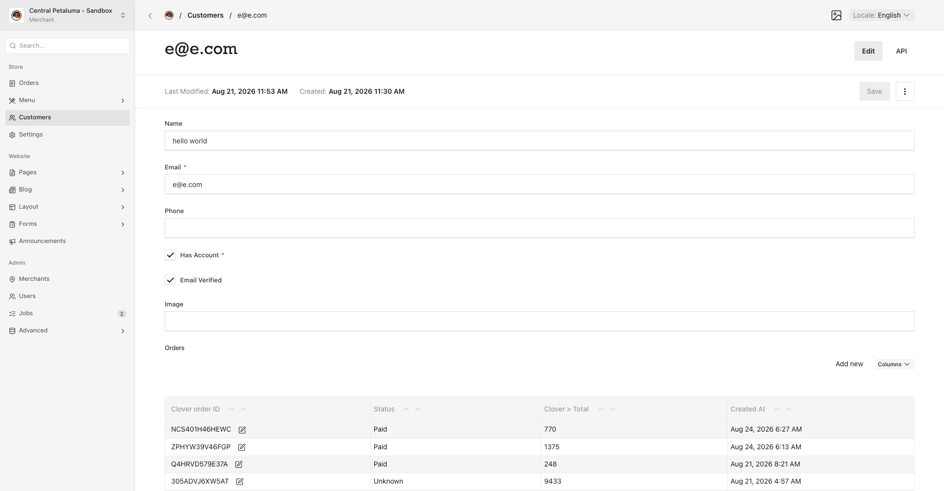 A customer profile showing name, email, phone, and Orders table.