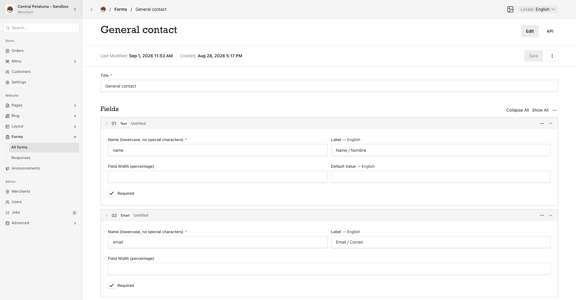 The Forms editor in the sidebar with ordered boxes and Save.