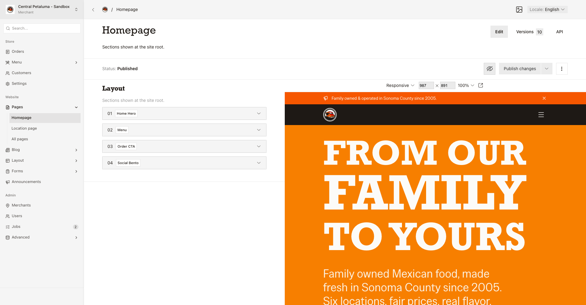 The Homepage editor with the four fixed sections and Live Preview.