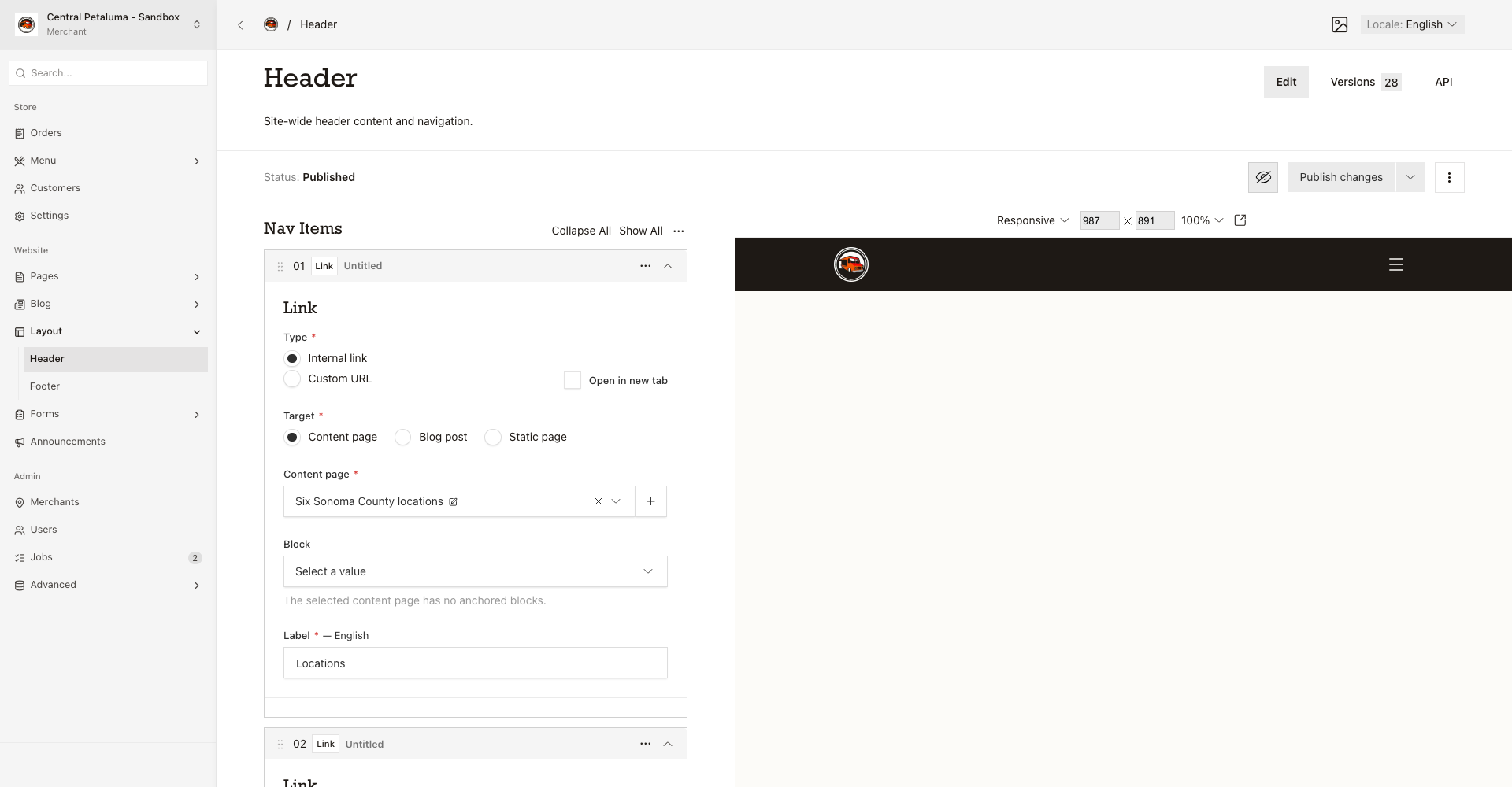 The Header editor in the sidebar with the first navigation item expanded for an internal link.