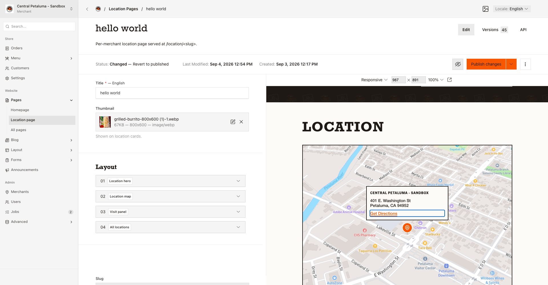 The Location page editor with Title, Thumbnail, the four fixed sections, and Live Preview.