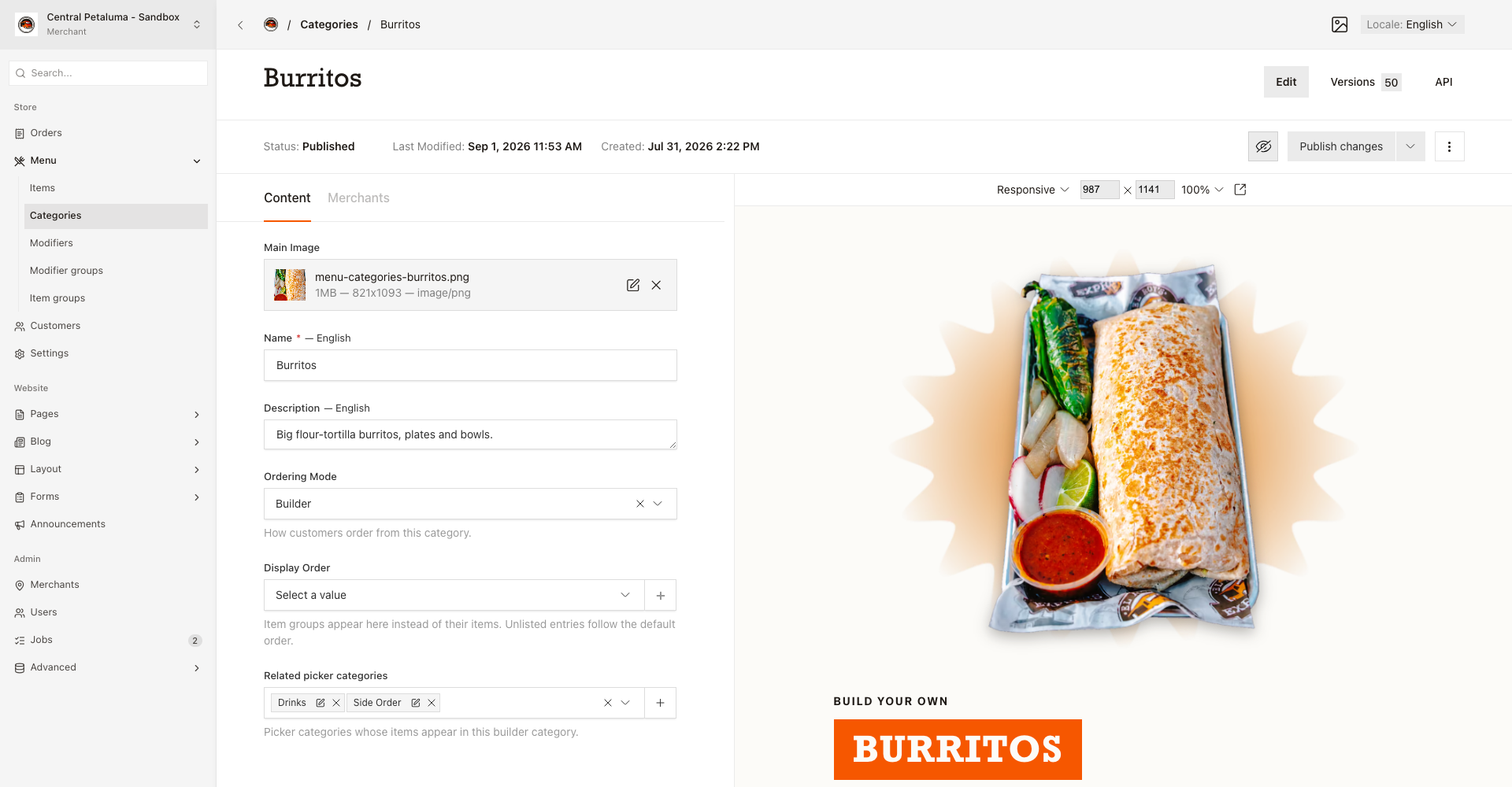 Category showing Ordering mode, Display order, and Related picker categories.