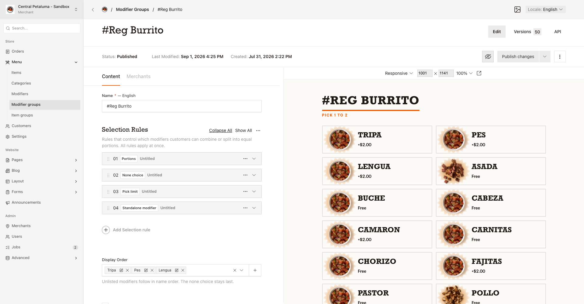 Modifier group showing Selection rules block list and Display order.