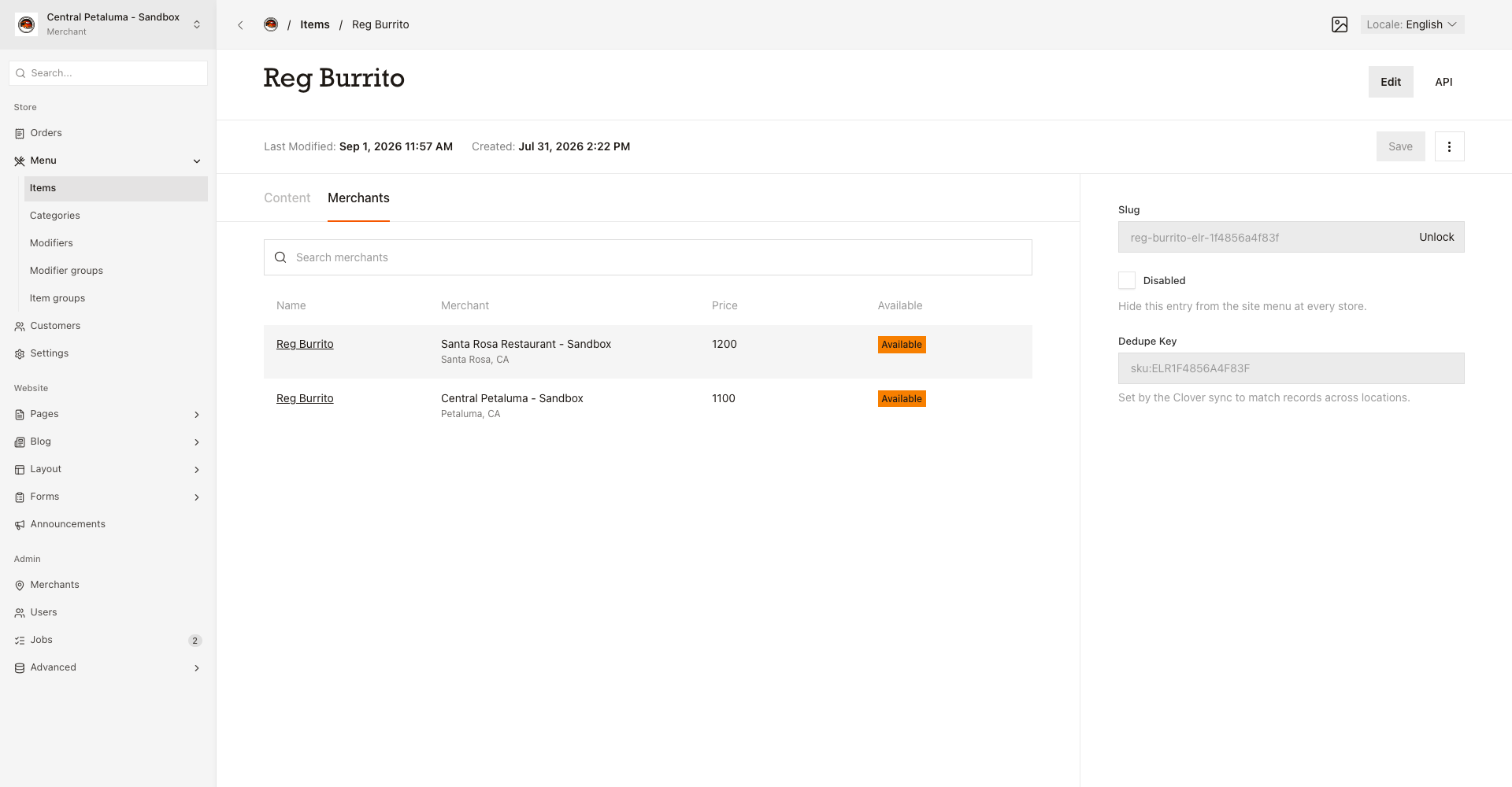 Menu screens showing items, categories, and the options to reorder them.