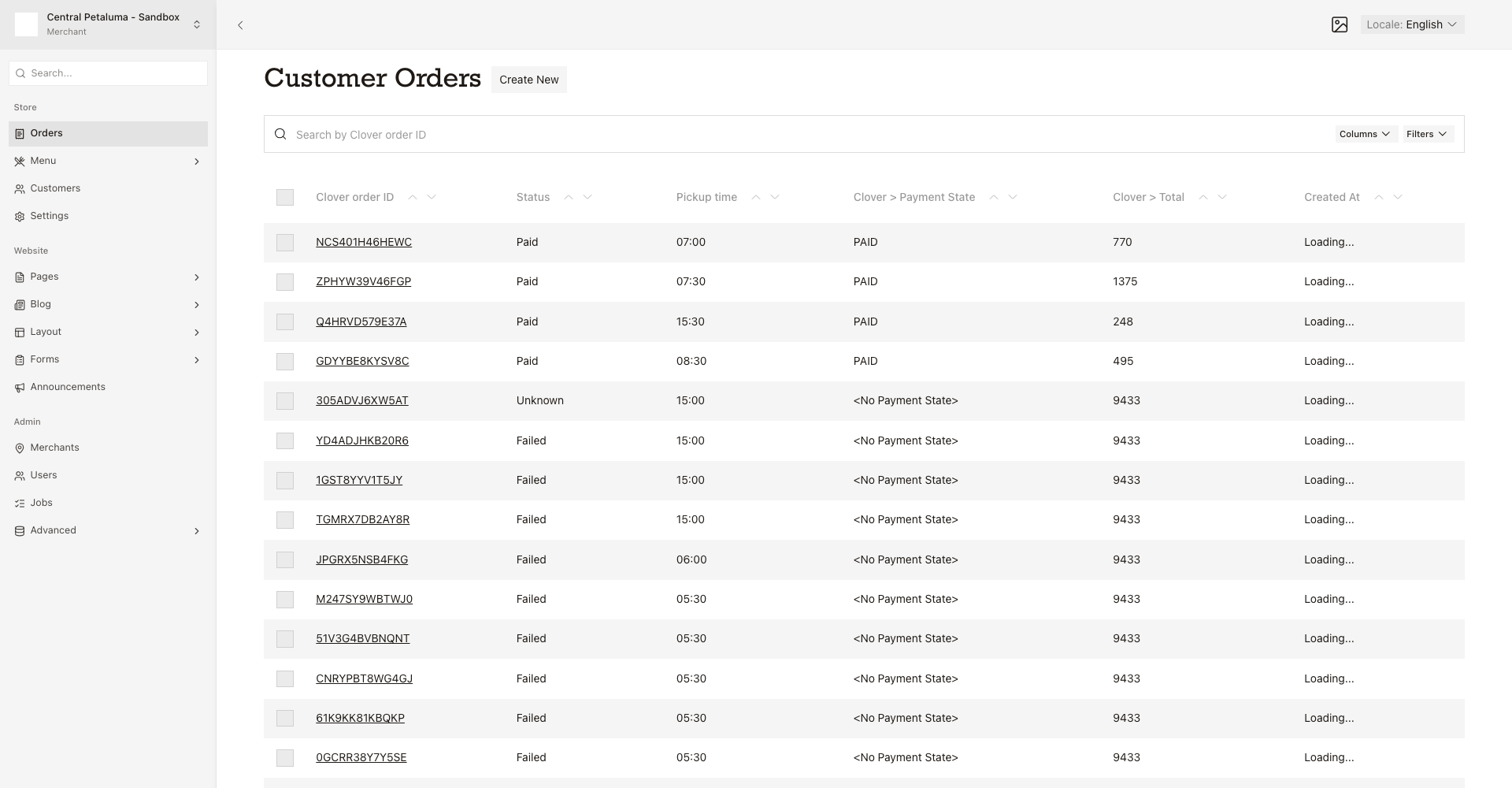 An Orders list showing columns for order number, status, pickup time, payment state, total, and creation time.