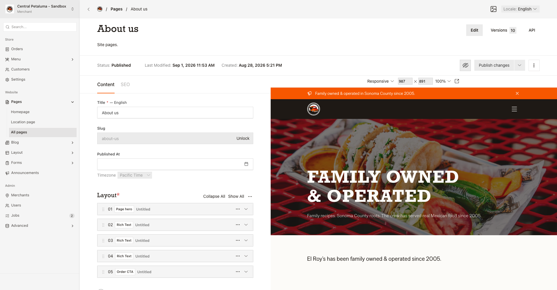 The All pages editor with page status, title, web address, ordered layout blocks, and Live Preview.