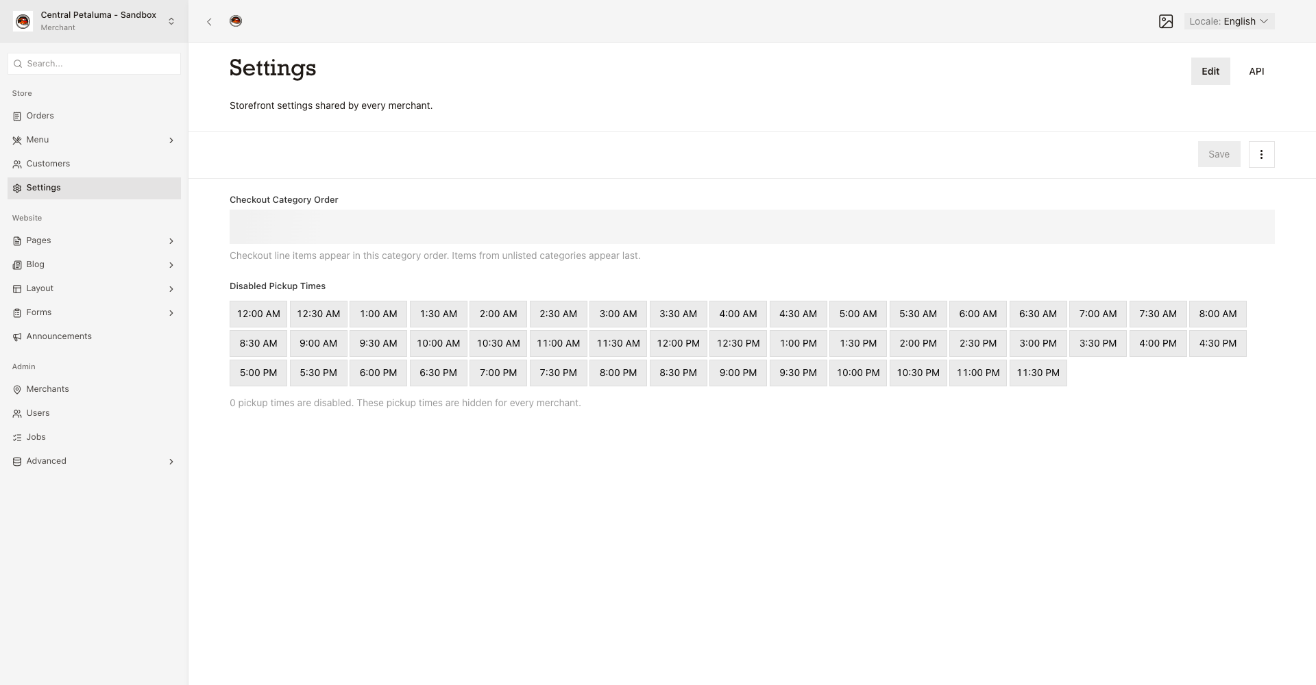 Settings screen with category order, pickup slots, disabled count, and Save.
